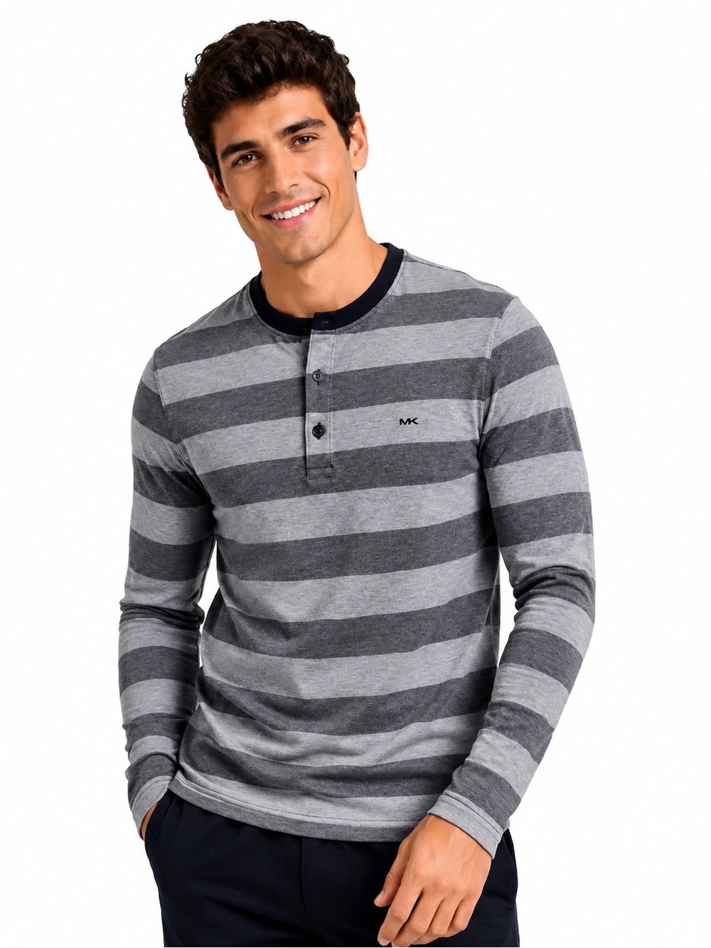Michael Kors Men’s Gray Striped 100% Cotton Henley Long Sleeve Shirt Size XL